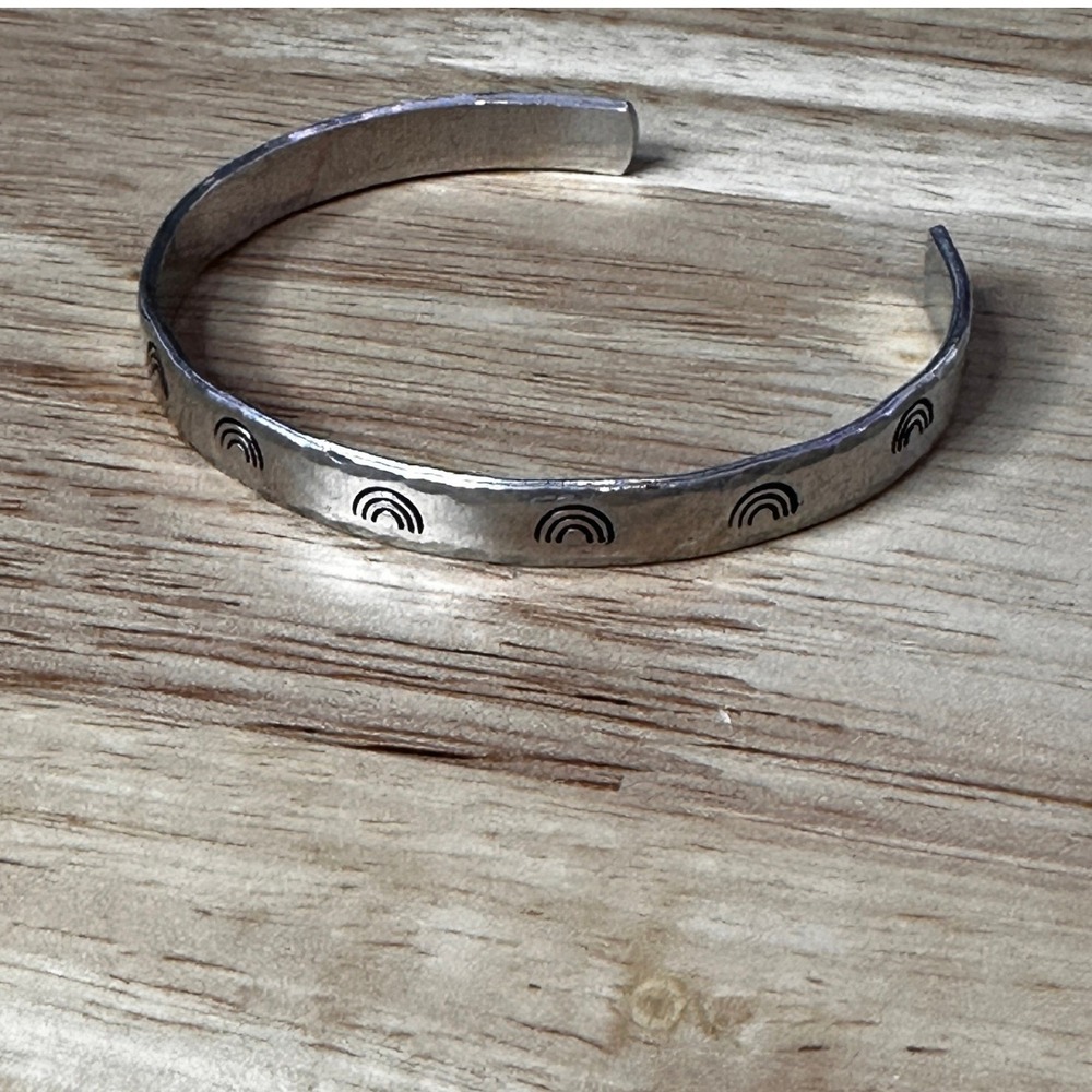 Handmade Hammered Silver Tone Rainbow Stamped Metal Cuff Bracelet Boho